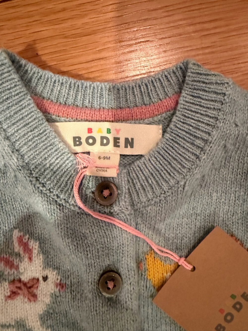 Boden Light Blue Knit Cardigan Sweater with Farm Motifs
